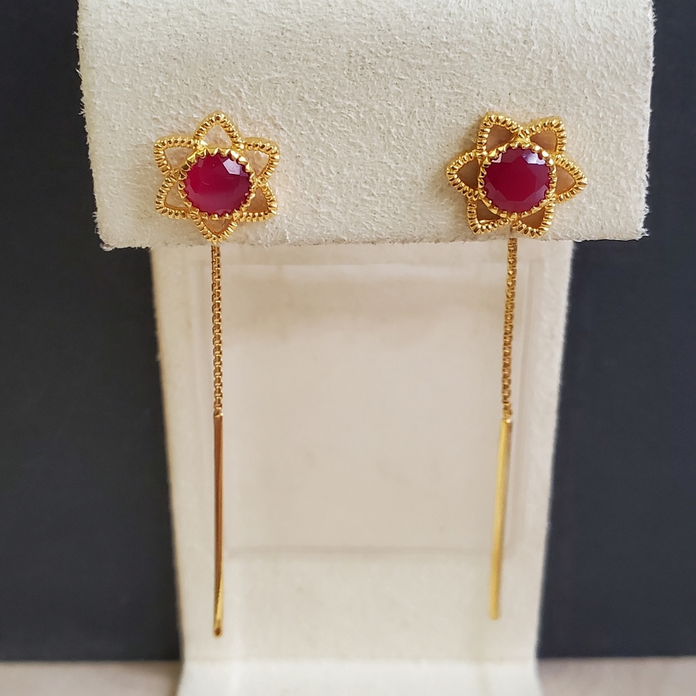22K Gold Ruby Threader Star Flower Earrings